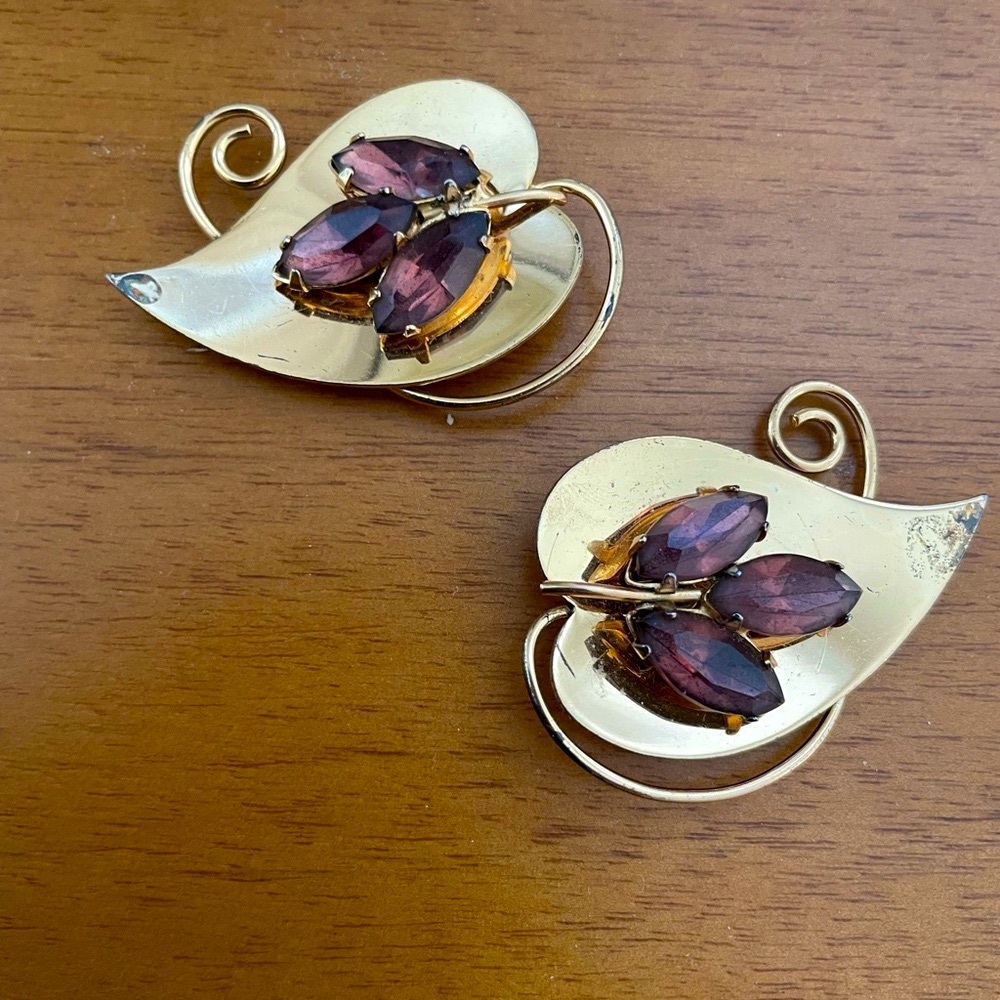 Vintage 1940s Gold Plated Sterling Silver Leaf Duette Pins / Brooches by Coro